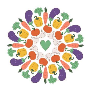 redondo mandala modelo hecho de diferente vegetales y frutas en plano estilo con parcial describir. verde corazón en centrar de círculo. otoño y cosecha concepto. ilustración. vector