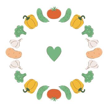 Round frame of colorful vegetables in flat style with partial outline. Green heart in center of circle. Autumn and harvest concept. illustration. vector