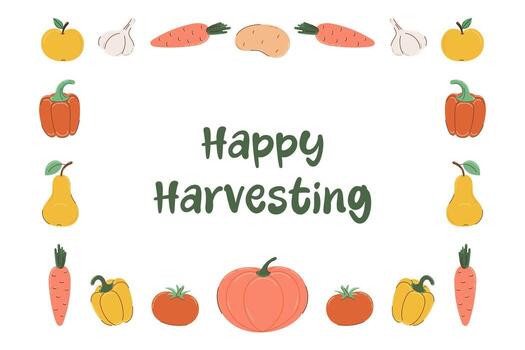 Rectangular frame of colorful vegetables and fruits in flat style with partial outline. Inscription Happy Harvesting. Autumn and harvest concept. illustration. vector