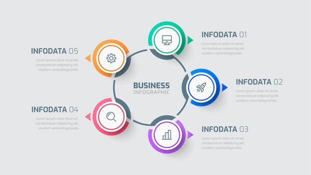 Infographic Presentation with Gradient Color, Line, Arrow, Circle Label, 5 Options and Icon vector
