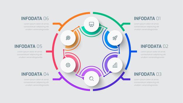 Infographic Presentation with Colorful Style, Lines, Circle Labels, 6 Options and Icons vector