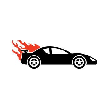 Racing car speeds forward with flames shooting out the back, symbolizing power and speed on a white surface, creating a dynamic and energetic mood. vector