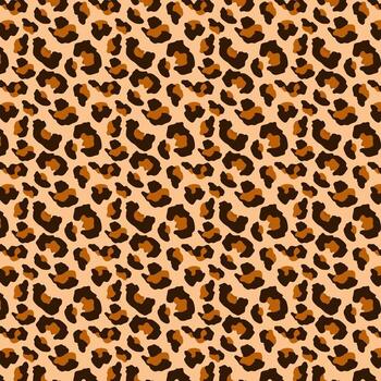 Seamless leopard print pattern repeats across the surface, creating a wild and exotic texture with warm brown and beige tones, evoking a sense of adventure and style. vector