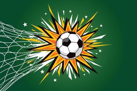Arte de fútbol pelota explotando dentro un objetivo red en verde antecedentes vector