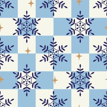 sin costura modelo con copos de nieve en un tablero de damas fondo, Navidad a cuadros fondo, moderno plano diseño vector