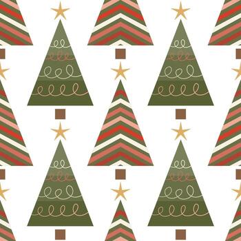 sin costura fiesta modelo. Navidad arboles con resumen decoraciones, geométrico patrones con líneas y formas moderno nuevo años diseño vector