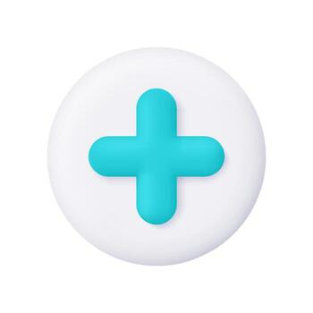 más o médico cruzar en blanco circulo botón. medicamento, cuidado de la salud, usuario interfaz y tecnología concepto. 3d icono. dibujos animados mínimo estilo. vector