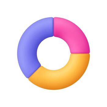 Circular chart diagram with three segments in purple, pink and yellow. Presentation, infographic, analytics, data analysis and data visualization concept. 3d icon. Cartoon minimal style. vector