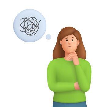 Thoughtful woman Kate thinking with speech bubble and tangled thoughts. Decision making, doubt, mental blocks and problem solving concept. 3d people character. Cartoon minimal style. vector