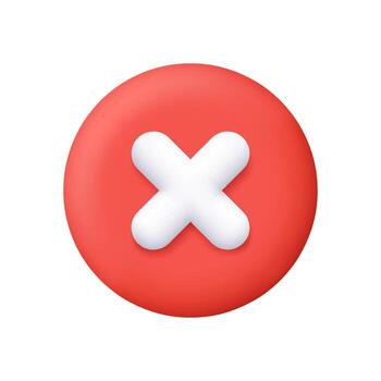 White cross on red circle button. Close, delete, error, cancel and delete symbol. User interface and notification concept. 3d icon. Cartoon minimal style. vector