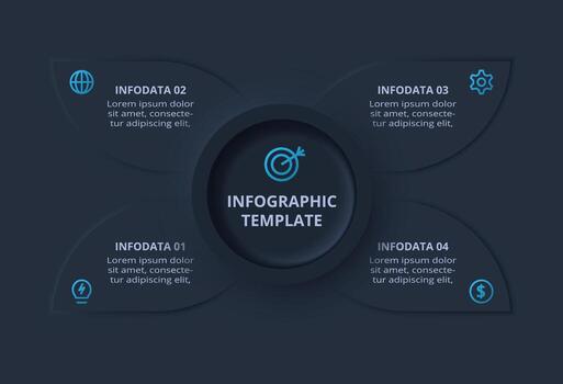 Neumorphic flowchart dark iinfographic. Creative concept for infographic with 4 processes vector