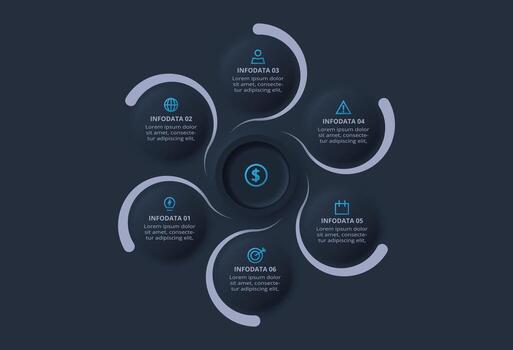 Neumorphic flowchart dark iinfographic. Creative concept for infographic with 6 processes. vector