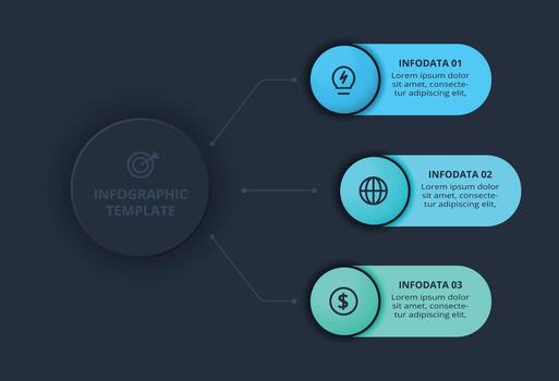 Template for web on a black background. Creative infographic with 3 processes. vector