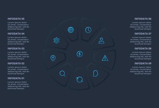 neumorfo diagrama de flujo oscuro infografía. creativo concepto para infografía con 9 9 procesos. vector