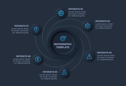 neumorfo diagrama de flujo oscuro infografía. creativo concepto para infografía con 6 6 pasos vector