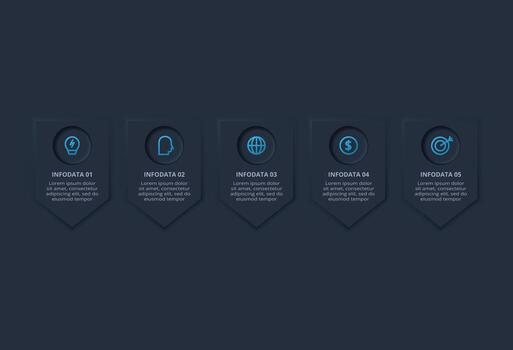 Neumorphic flowchart dark iinfographic. Creative concept for infographic with 5 processes vector