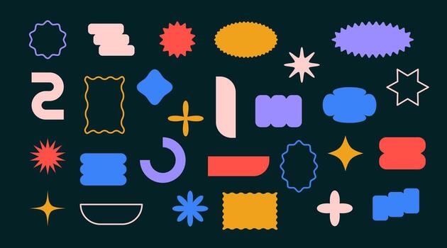 Geometric color abstract different shape sticker set. Graphic elements in minimalist style. Collection figures circle, star, wave blob. Modern design form. illustration black background vector