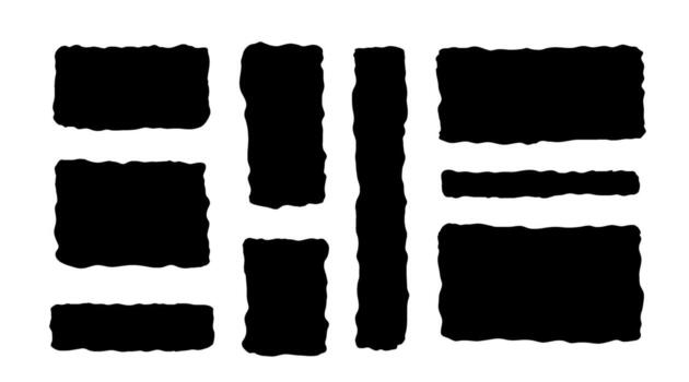 Grunge torn geometric rectangle frames, rough old text box set. Abstract hand drawn blank black shapes. Graphic doodle elements frame, template, border. isolated illustration vector