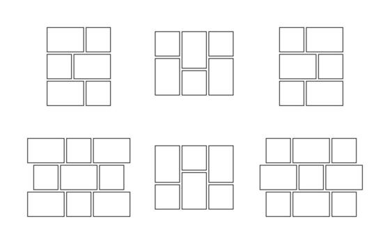 Frame collage from square and rectangle shape for photo, image template line set. Mood board layout, background. Gallery grid mosaic puzzle border outline illustration vector