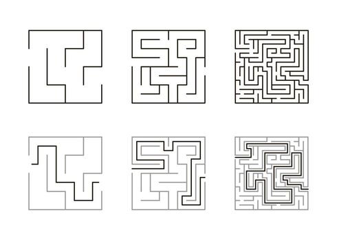 laberinto juego diferente niveles, lógica desafío a navegar sus retortijón caminos. niños laberinto, estrategia, resolución de problemas cuadrado laberinto con Listo solución. ilustración en blanco antecedentes vector