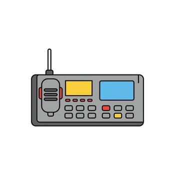 Cartoon illustration of a portable two-way radio with microphone and display. Ideal for communication, emergency, security, and amateur radio applications in style vector