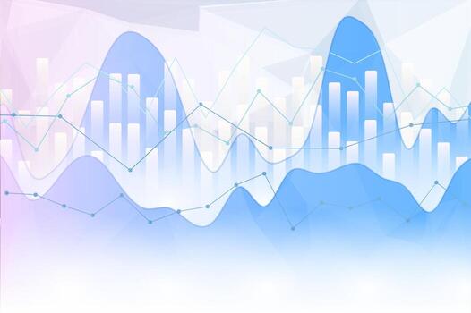 Abstract financial graphic featuring a backdrop of translucent bar graphs in white with overlapping transparent blue waves vector