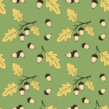 Autumn oak acorns, green pattern with oak branches and acorn nuts. vector