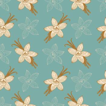 Vanilla aromatic spice pattern, cream flowers and golden vanilla bean sticks pattern on pastel blue background. vector