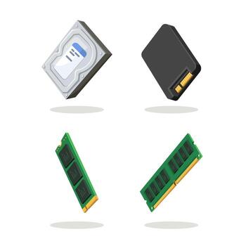 Computer Hardware Set HDD, SSD, and RAM Memory Modules Illustration vector