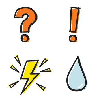 Hand drawn question mark, exclamation mark, lightning, and water drop isolated vector