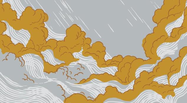 Japanese inspired hand drawn cloud pattern with flowing brush lines and soft golden clouds on a gray sky. Elegant traditional design blending movement and calm aesthetics. vector