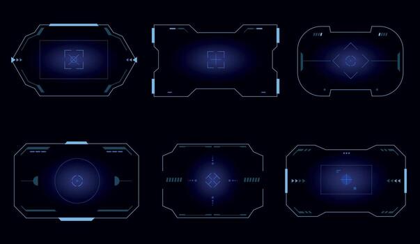Aim frame ui. HUD screen interface, futuristic UI border target focus panel, sci-fi game element with HUD control dashboard, modern technology user interface. border set vector