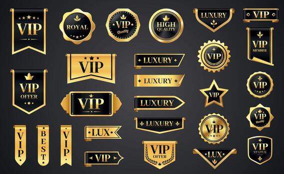 VIP luxury labels. Golden premium quality badges and stickers, elegant frame design elements for certificate, scroll and award. luxurious isolated set vector