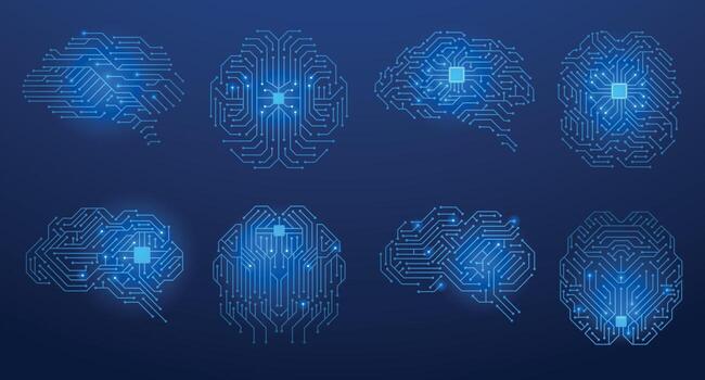 Glowing circuit brain. Abstract human head with microchip and circuit board texture, concept of technical expertise and brain work. illustration vector