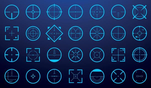 Target aim UI. Shooting focus crosshair, HUD sniper weapon accuracy sight, circle round square gun range optical mark. military game interface target aims collection. vector