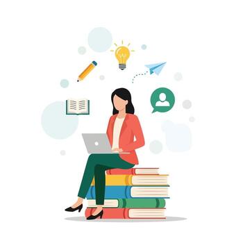 un mujer sentado en apilar de libros utilizando ordenador portátil con íconos de aprendizaje y idea Generacion vector
