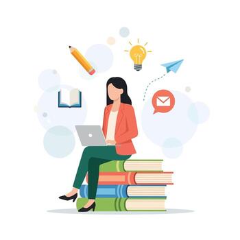 un mujer usos un ordenador portátil mientras sentado en un apilar de libros, con educativo íconos flotante alrededor su vector