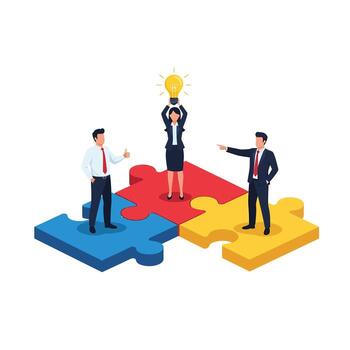 trabajo en equipo y innovación negocio personas colaborando en rompecabezas piezas con un bombilla idea vector