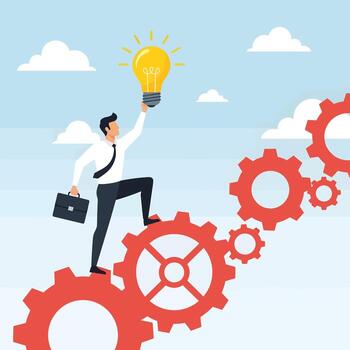 hombre con maletín participación un brillante bombilla idea en un camino de engranajes, simbolizando innovación vector