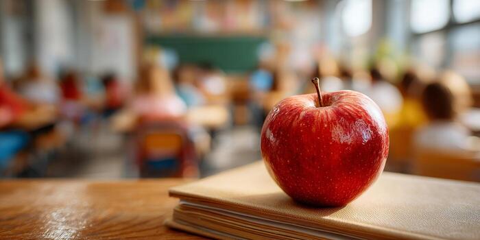 Red apple sitting on book in classroom symbolizing education and learning photo