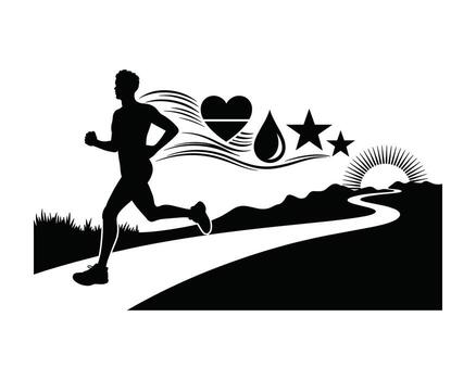 Silhouette of a runner on a path towards a sunrise with symbols of health and success vector