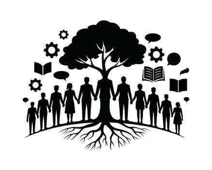 Diverse group of people holding hands around a large tree representing community growth and knowledge sharing vector