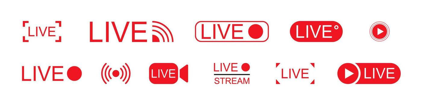 Live streaming icons. Red symbols and buttons of live streaming, broadcasting, online stream. Template for live events. illustration. vector