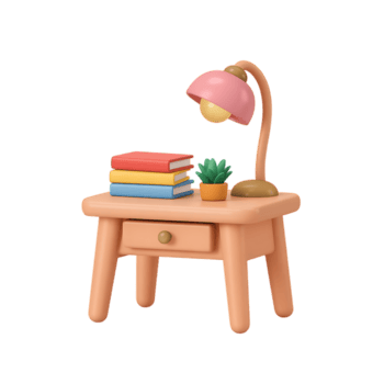 3d rendering of bedside table with lamp, books, and succulent on transparent background png