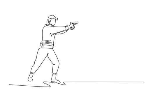 Single continuous line drawing girl shooting athlete aiming pistol in stable, forward-leaning stance with both arms extended, concentration, precision. One line draw graphic design illustration vector