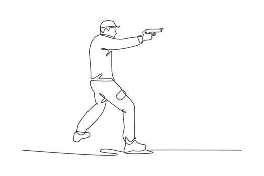 Single continuous line drawing man shooting athlete, is aiming a pistol in a dynamic, forward-moving stance, illustrating focus and precision. Dynamic one line draw graphic design illustration vector