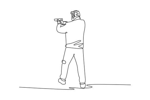 Single continuous line drawing man shooting athlete aiming pistol in stable, rear-facing stance, wearing ear protection and focused on target. Dynamic one line draw graphic design illustration vector