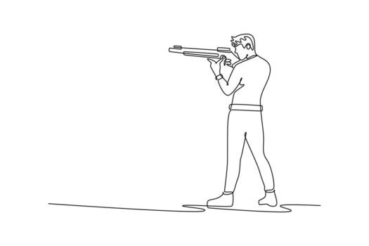 Single one line drawing man shooting athlete, is aiming a rifle with intense focus and steady stance, illustrating concentration and precision. continuous line draw design graphic illustration vector