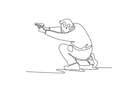 Single continuous line drawing man shooting athlete, is aiming a pistol from a stable, low crouching stance, illustrating concentration and precision. One line draw graphic design illustration vector