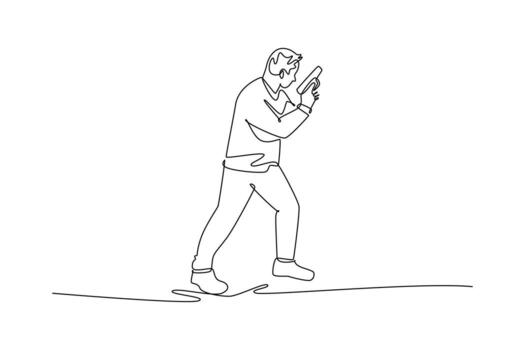 Continuous one line drawing active man shooting athlete aiming pistol in dynamic, forward-moving stance with two-handed grip, focus and readiness. Single line draw design graphic illustration vector